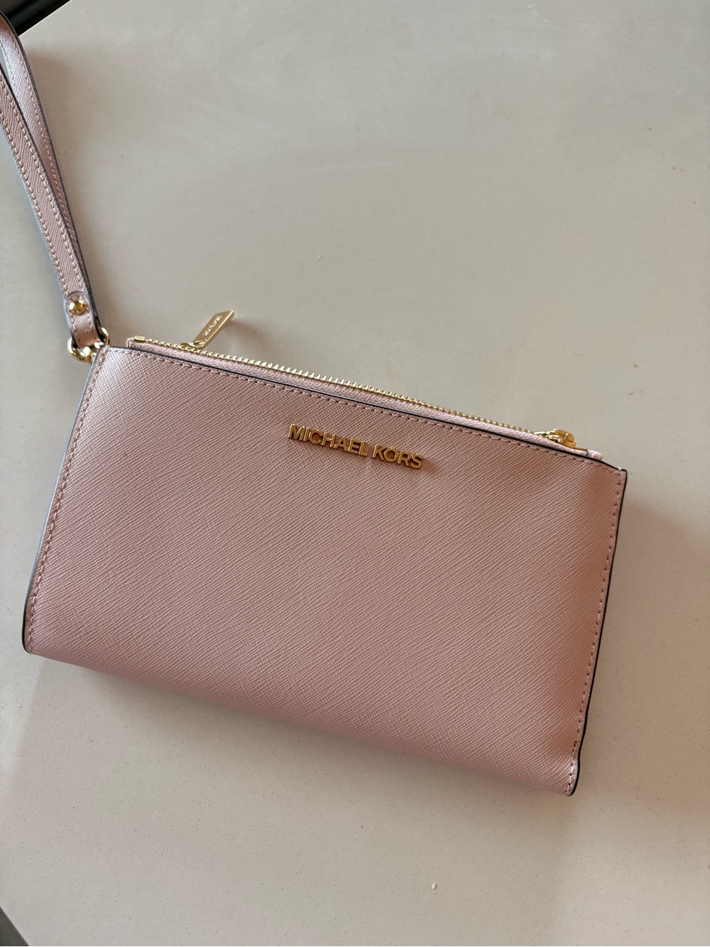 Michael Kors Pink Saffiano Leather Wristlet Clutch with Gold Hardware